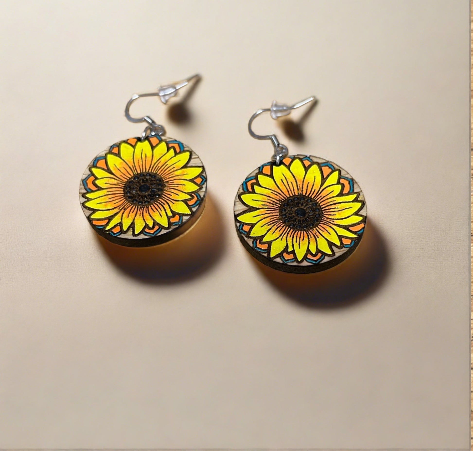 Round white Oak Sunflower Wooden wire EarringsPink tiful of LOVE