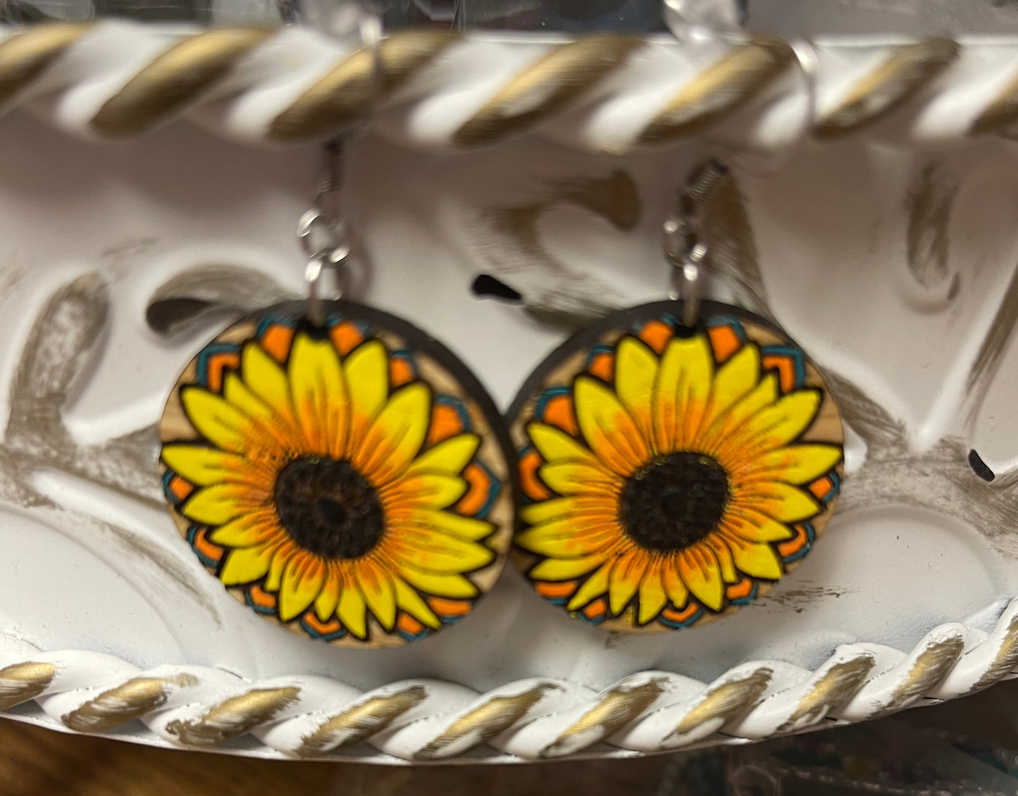 Round white Oak Sunflower Wooden wire EarringsPink tiful of LOVE
