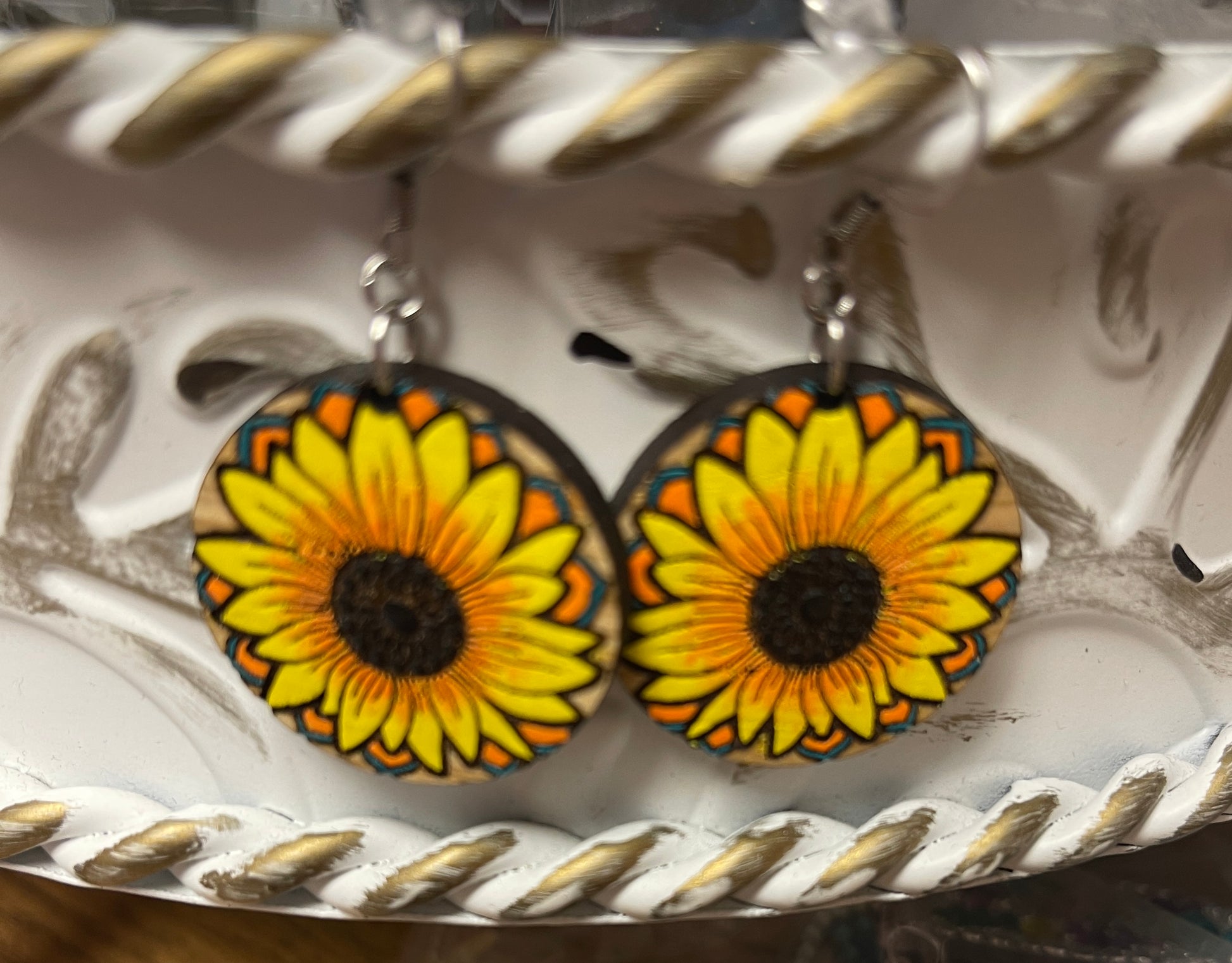 Round white Oak Sunflower Wooden wire EarringsPink tiful of LOVE
