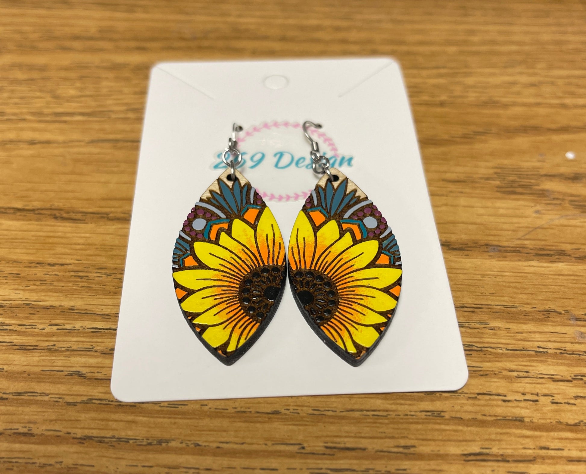 Teardrop Maple Fancy Sunflower Wooden wire EarringsPink tiful of LOVE