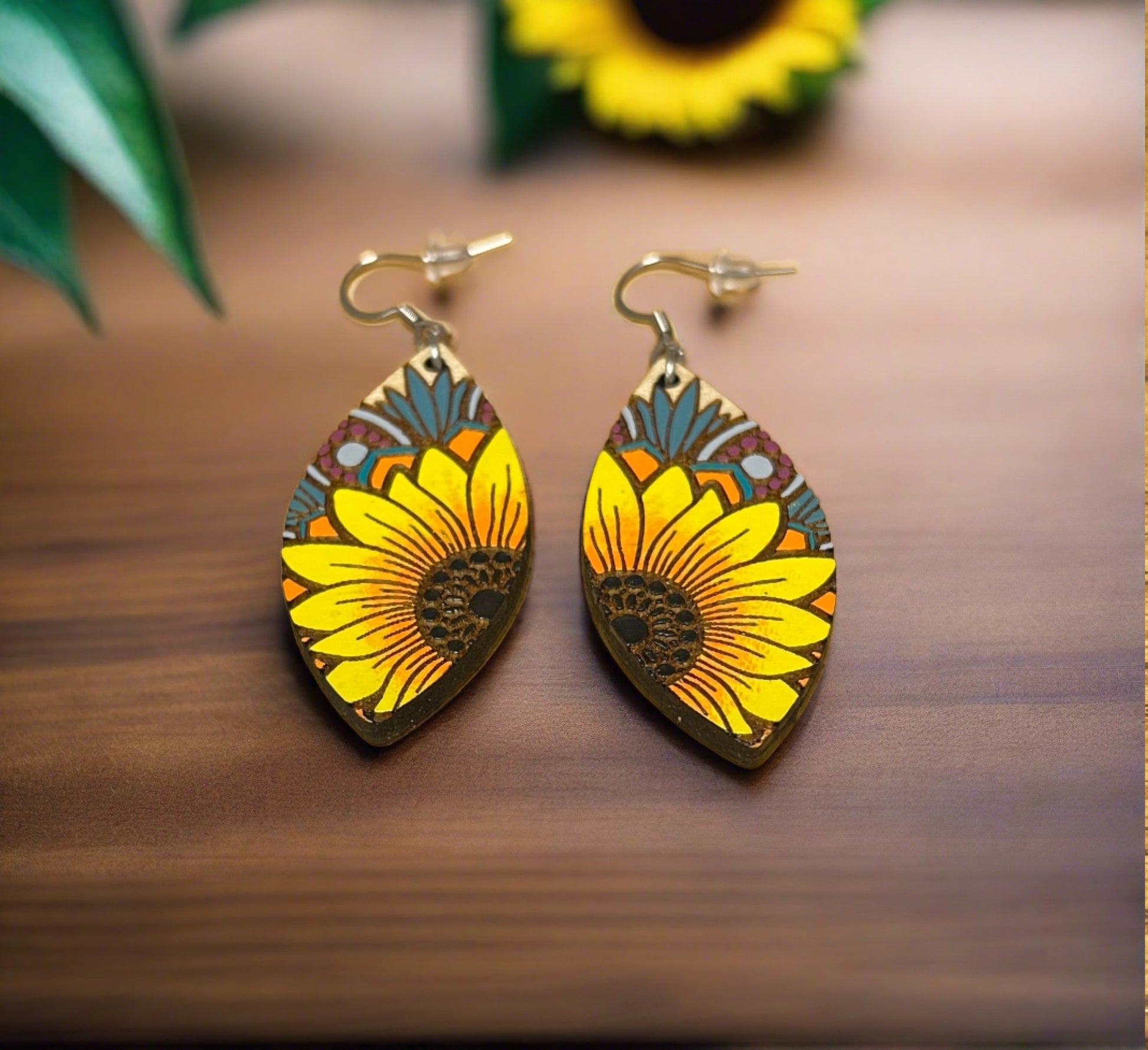Teardrop Maple Fancy Sunflower Wooden wire EarringsPink tiful of LOVE