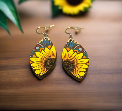 Teardrop Maple Fancy Sunflower Wooden wire EarringsPink tiful of LOVE
