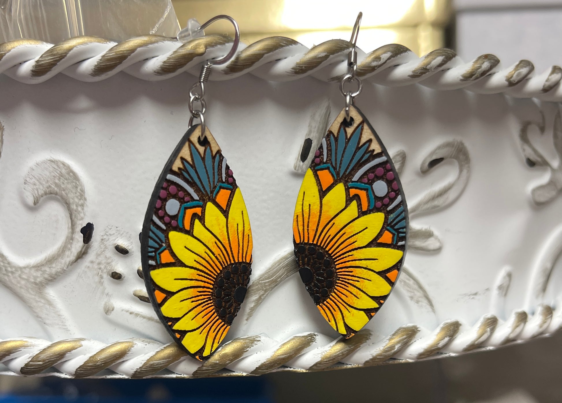 Teardrop Maple Fancy Sunflower Wooden wire EarringsPink tiful of LOVE