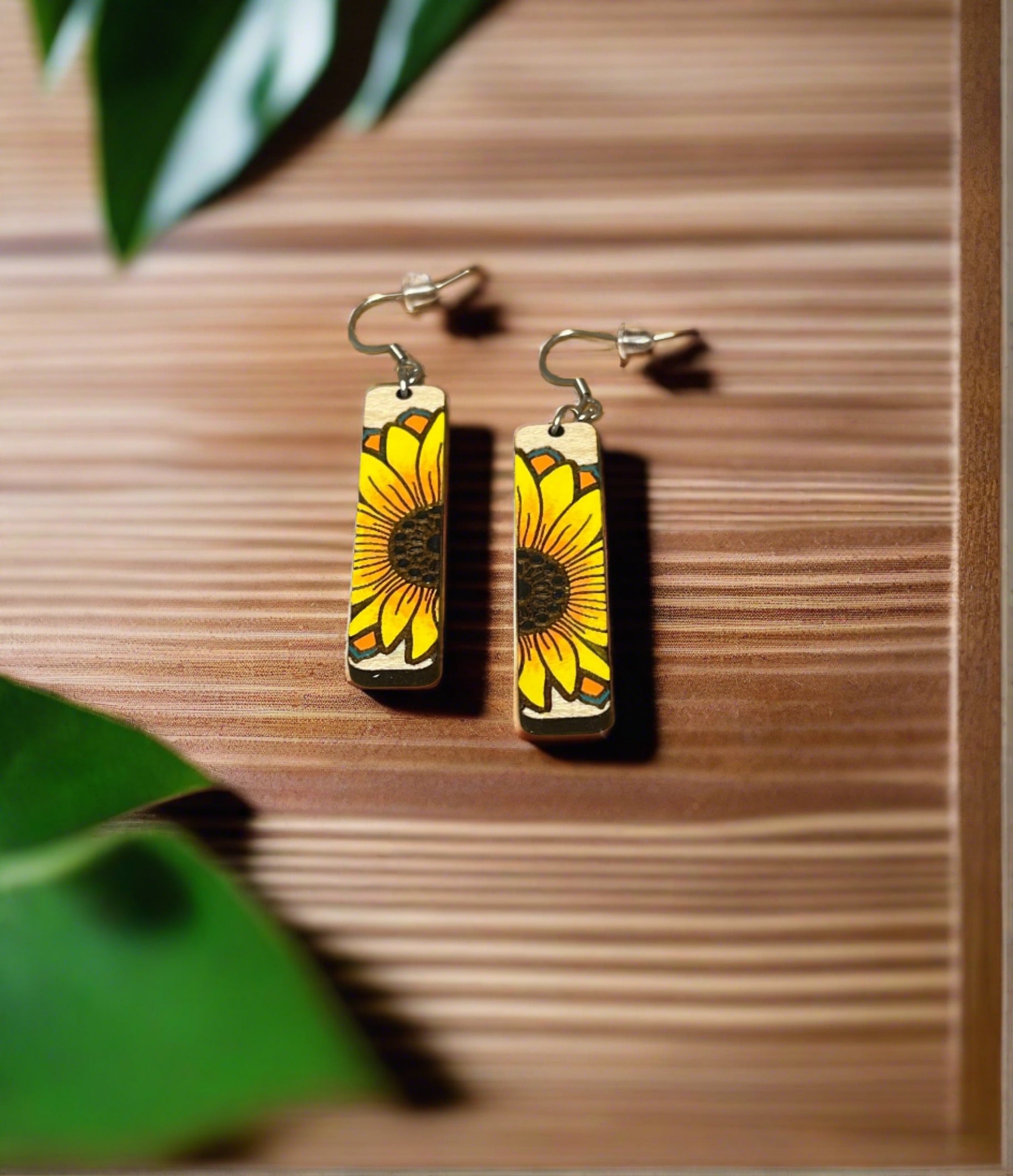 Bar Shaped Maple Sunflower Wooden wire EarringsPink tiful of LOVE