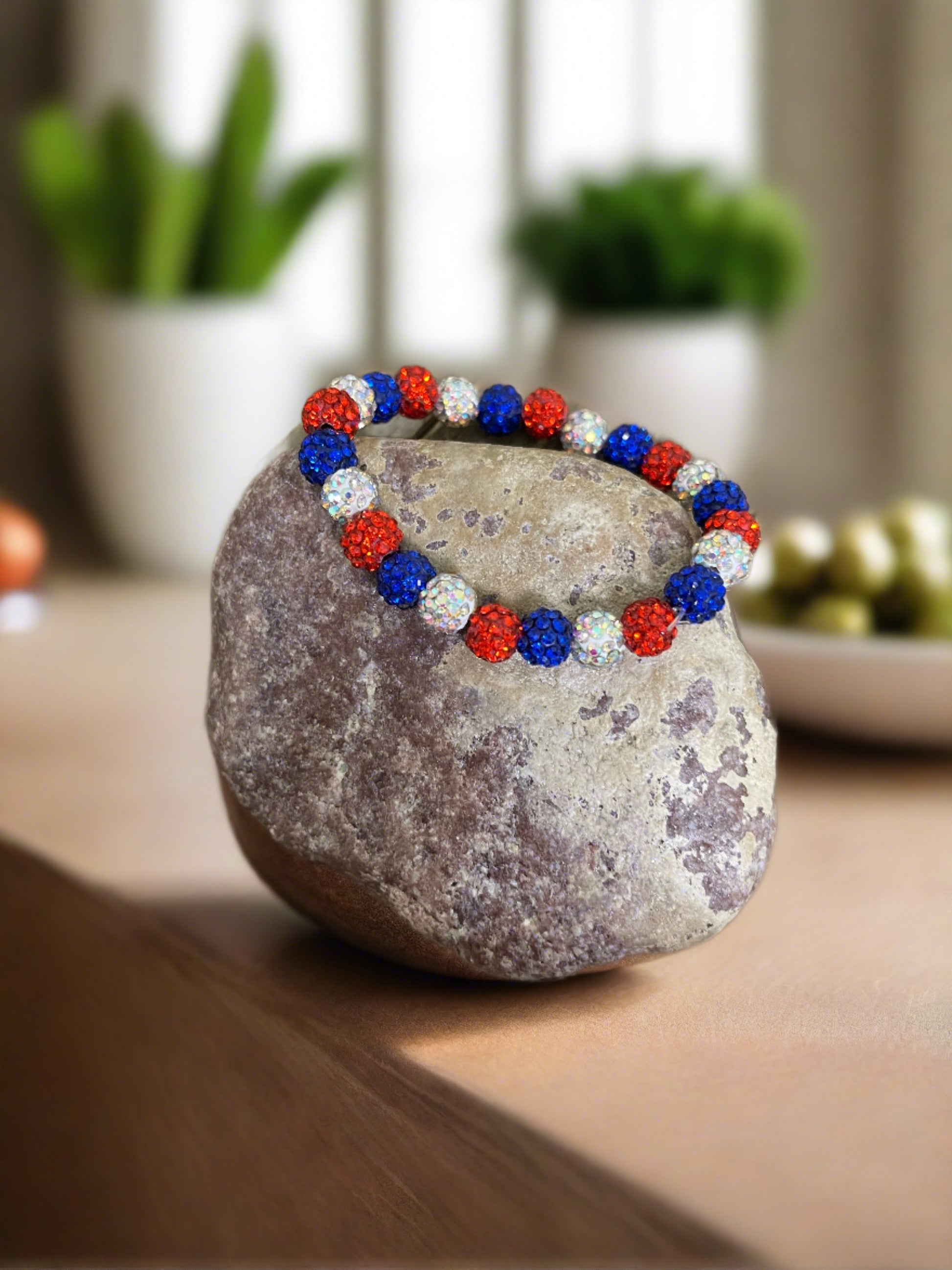 Red, White and Blue Rhinestone ball  Beaded  Elastic/Stretch BraceletPink tiful of LOVE
