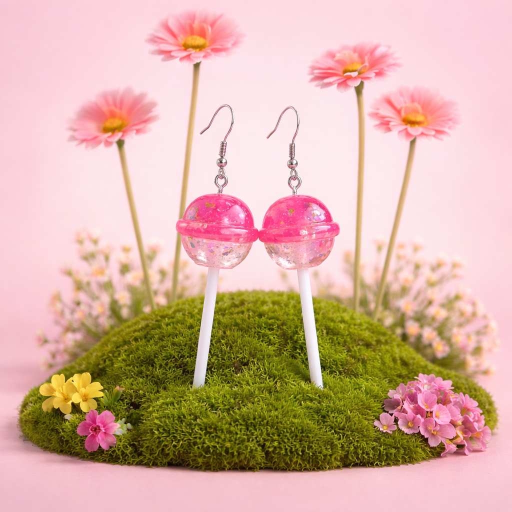 Pink Glitter Lollipop Dangle Earrings
