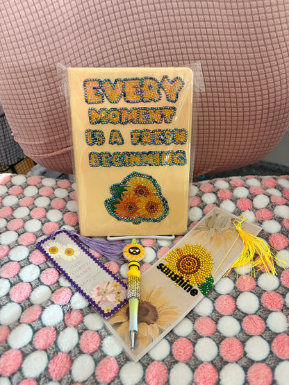 Sunflower Sunshine Bundle  includes Notebook , 2 Bookmarks + Beaded Pen