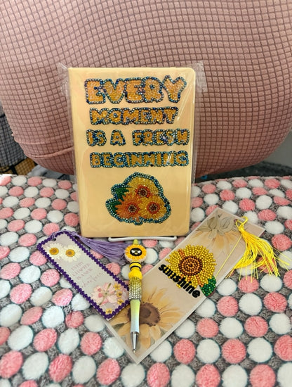 Sunflower Sunshine Bundle  includes Notebook , 2 Bookmarks + Beaded Pen