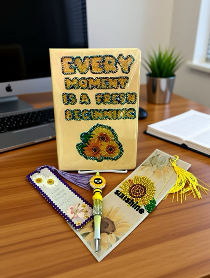 Sunflower Sunshine Bundle  includes Notebook , 2 Bookmarks + Beaded Pen