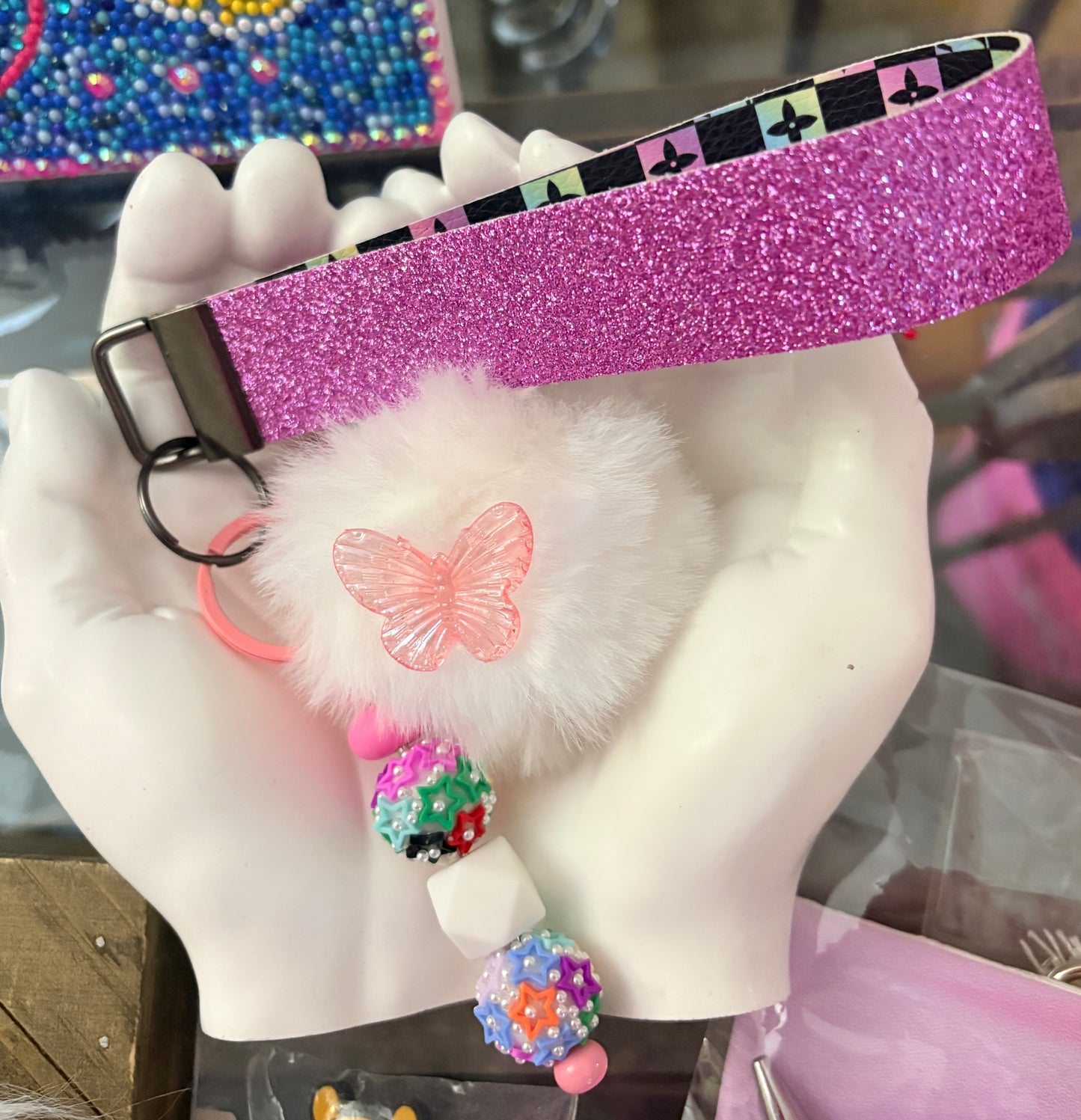 Butterfly Pom Pom Wristlet Keychain