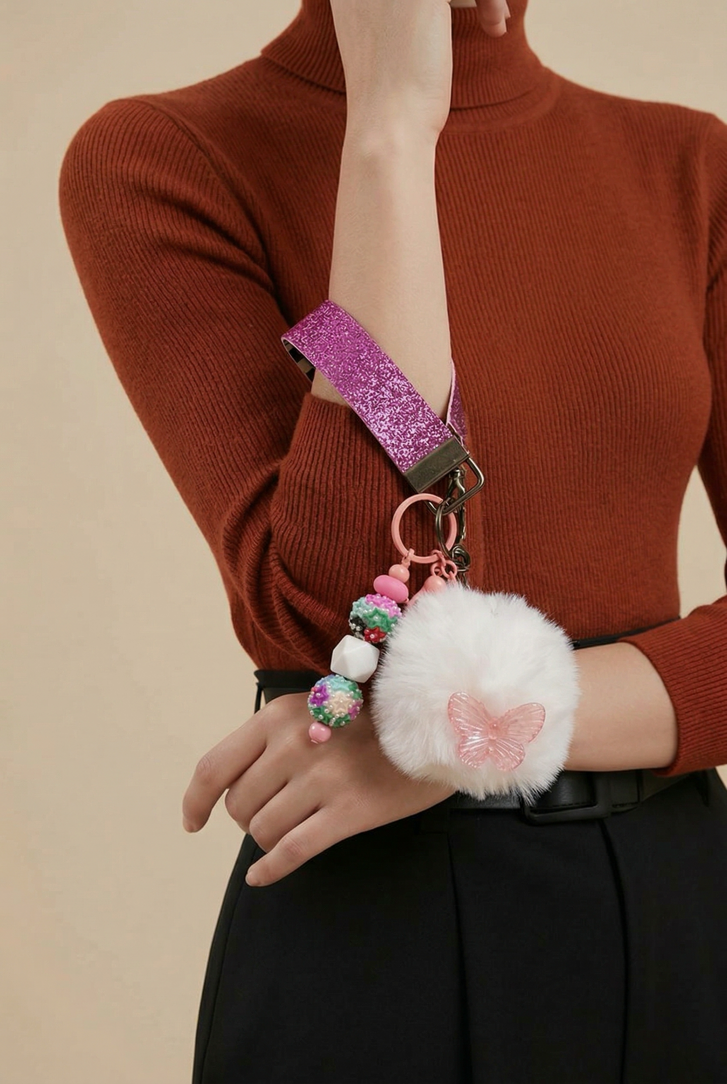 Butterfly Pom Pom Wristlet Keychain
