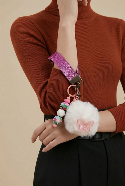 Butterfly Pom Pom Wristlet Keychain