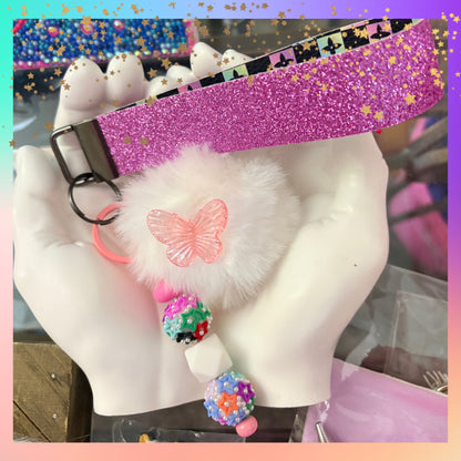 Butterfly Pom Pom Wristlet Keychain