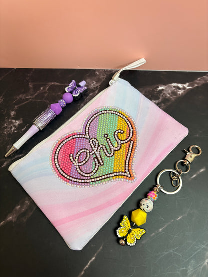 Chic Bundle – Diamond Art Zip Pouch, Butterfly Keychain &amp; Purple Bling Pen