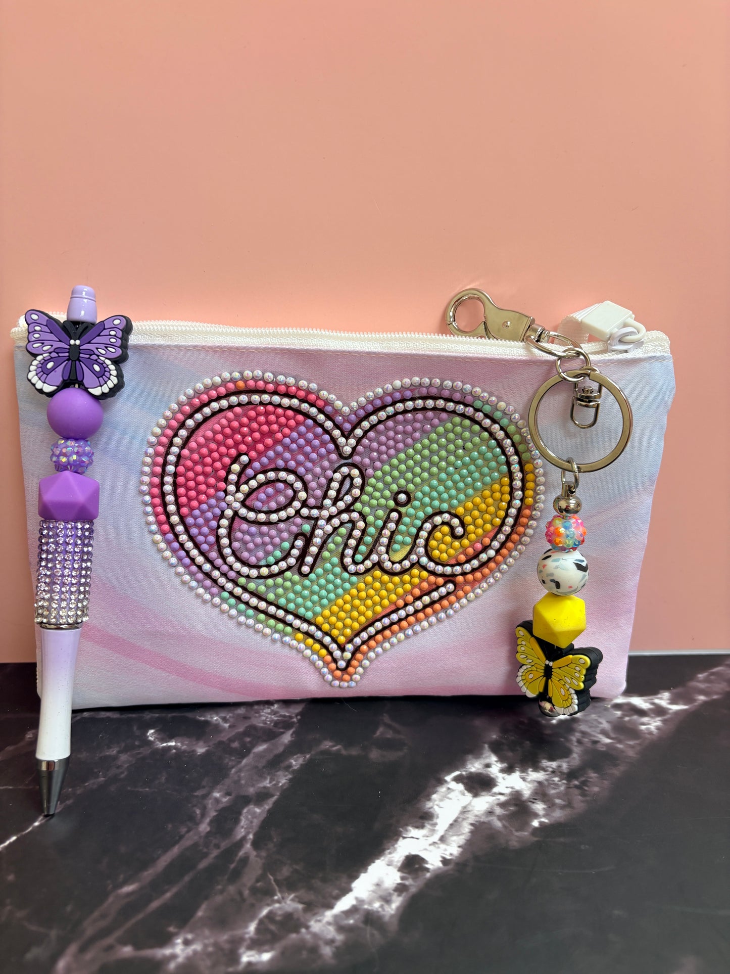 Chic Bundle – Diamond Art Zip Pouch, Butterfly Keychain &amp; Purple Bling Pen