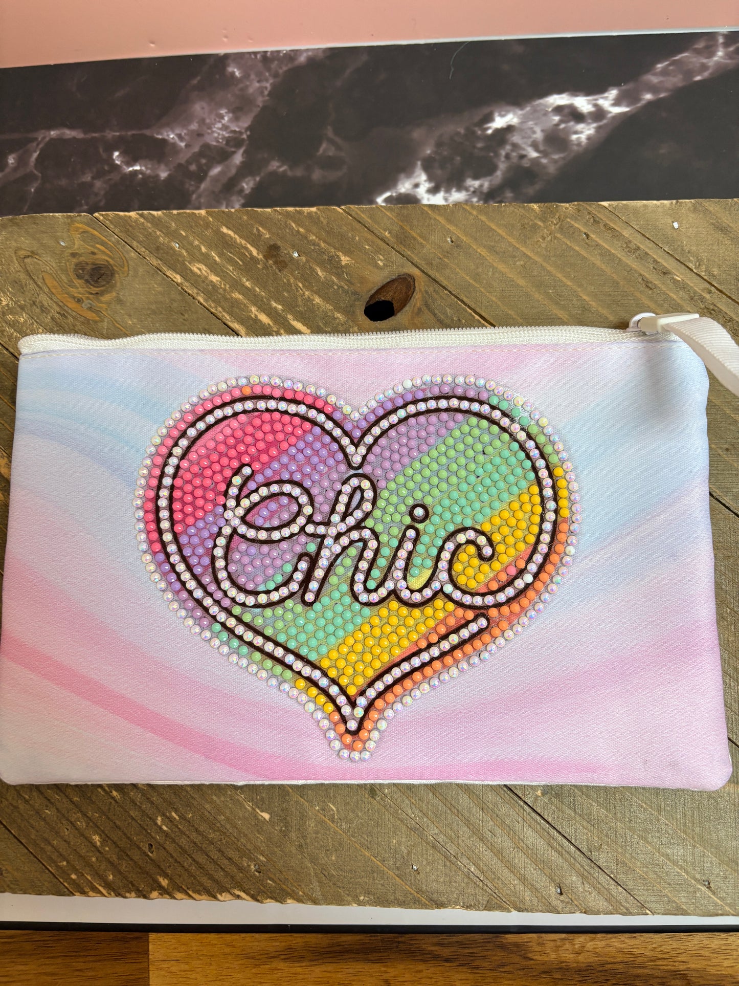 Chic Heart Diamond Art Zip Pouch — Pastel Rainbow Rhinestone Design
