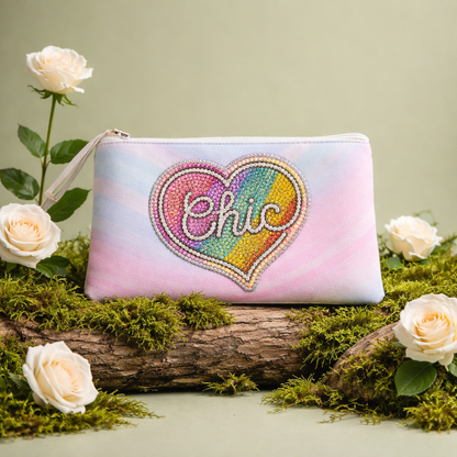 Chic Heart Diamond Art Zip Pouch — Pastel Rainbow Rhinestone Design