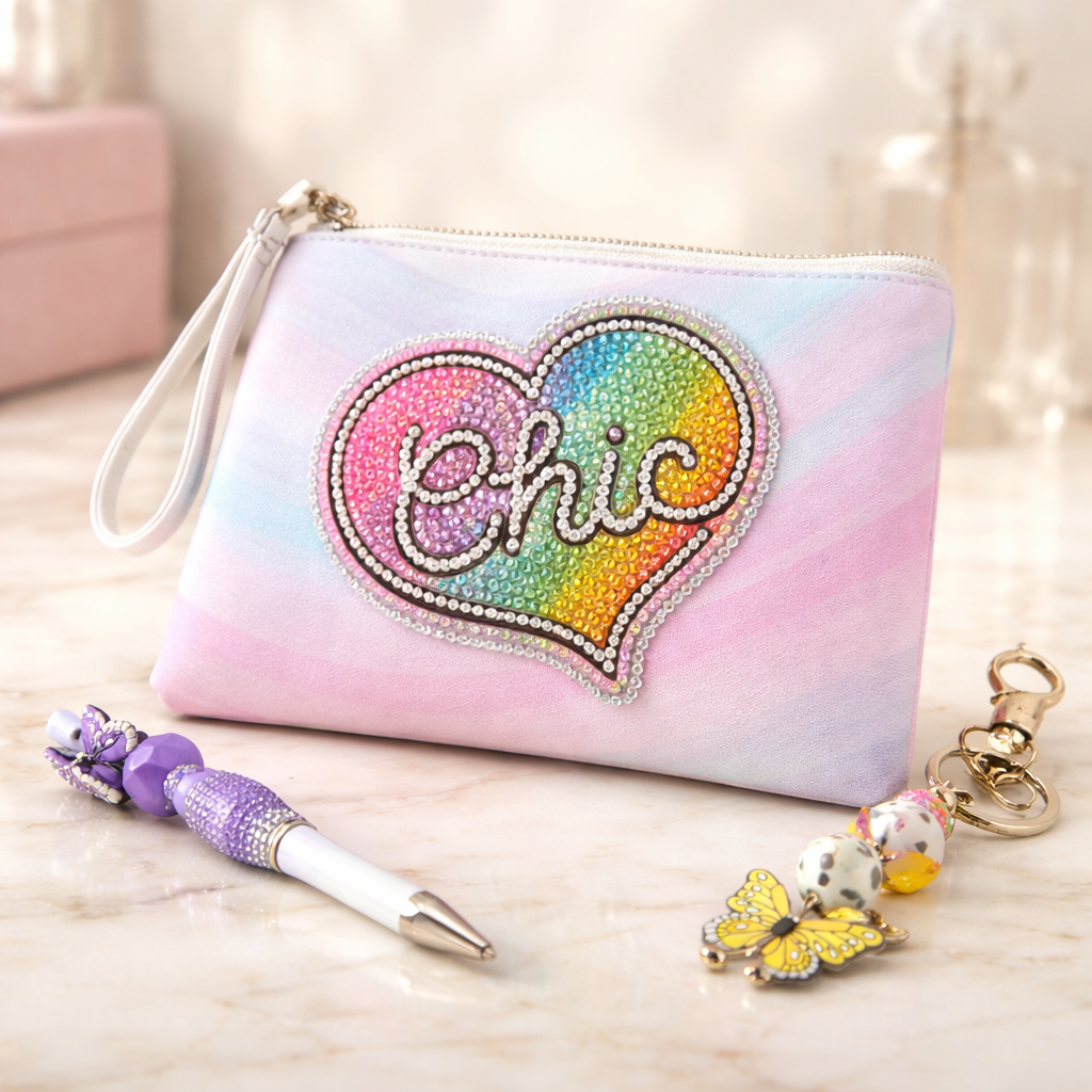 Chic Bundle – Diamond Art Zip Pouch, Butterfly Keychain &amp; Purple Bling Pen