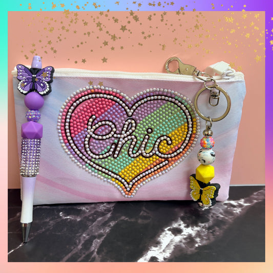 Chic Bundle – Diamond Art Zip Pouch, Butterfly Keychain &amp; Purple Bling Pen