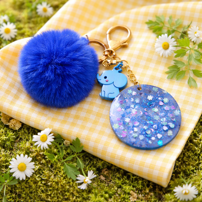 Blue Pom Pom Elephant Keychain