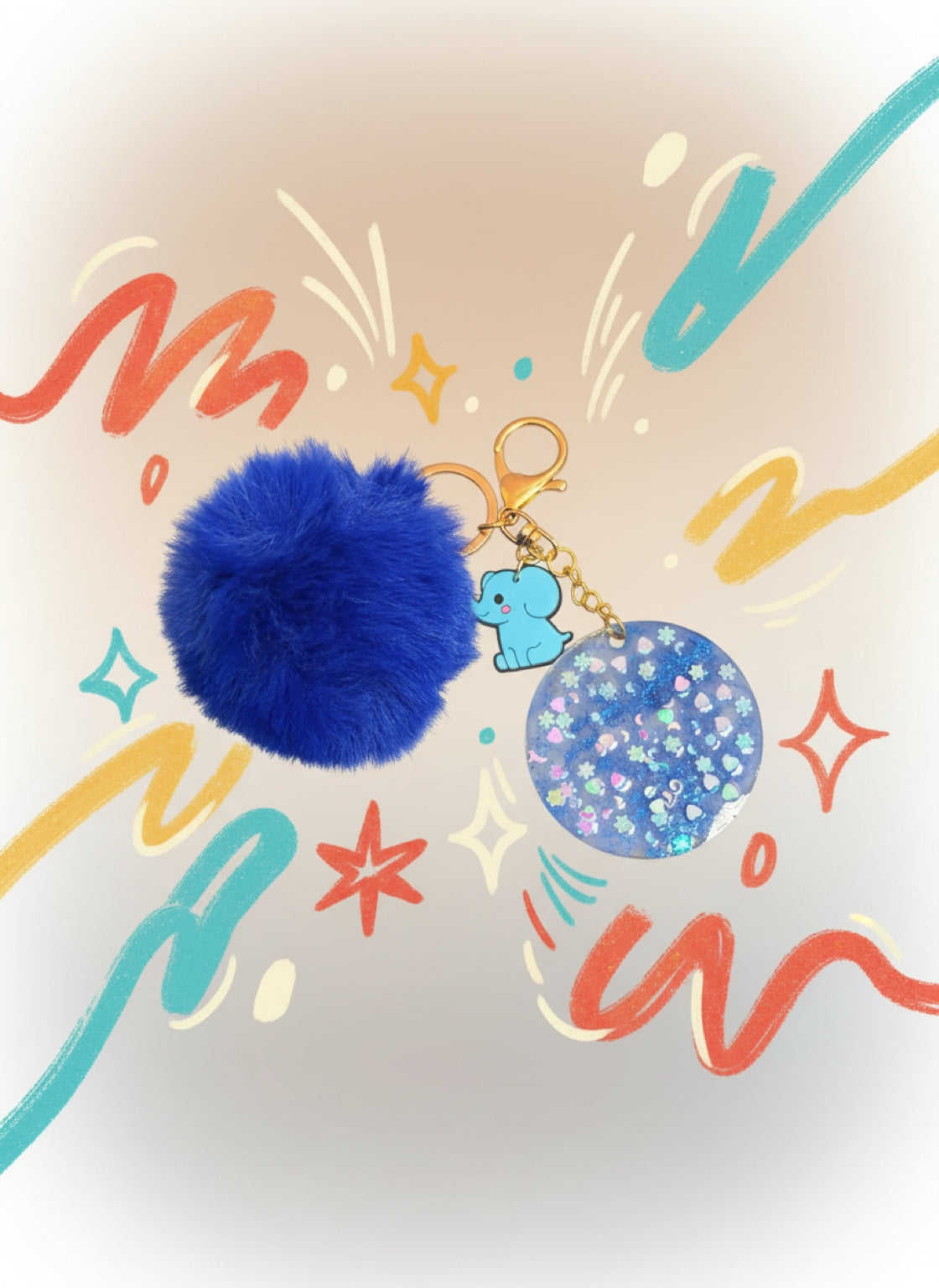 Blue Pom Pom Elephant Keychain