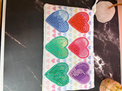 Diamond Art Heart Zippered Pouch – Rainbow Hearts Sparkle Accessory Bag