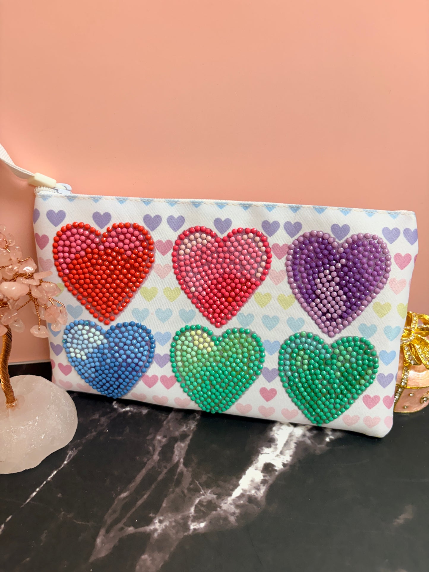 Diamond Art Heart Zippered Pouch – Rainbow Hearts Sparkle Accessory Bag
