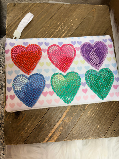 Diamond Art Heart Zippered Pouch – Rainbow Hearts Sparkle Accessory Bag