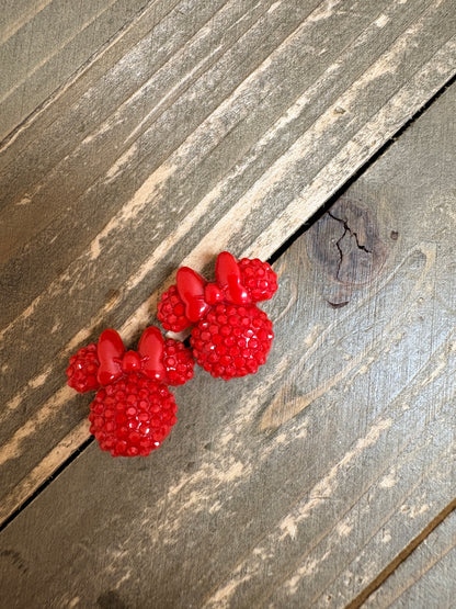 Red Sparkling Mouse Ear Bow Stud Earrings – Rhinestone Look Posts
