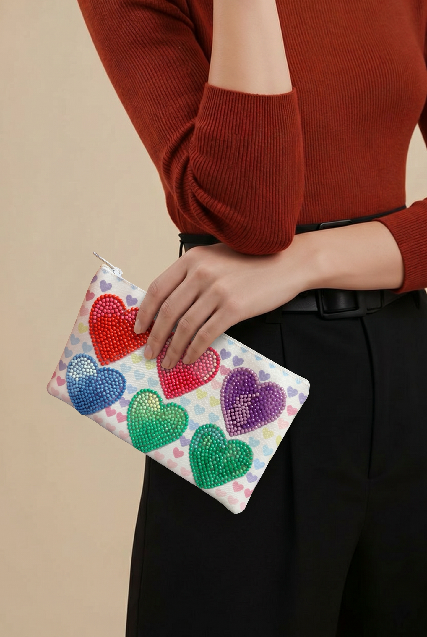 Diamond Art Heart Zippered Pouch – Rainbow Hearts Sparkle Accessory Bag