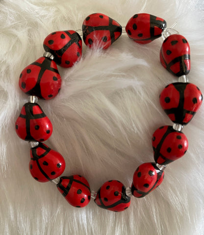 Red Ceramic Ladybug beaded Stretch braceletPink tiful of LOVE