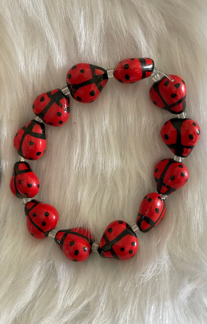 Red Ceramic Ladybug beaded Stretch braceletPink tiful of LOVE