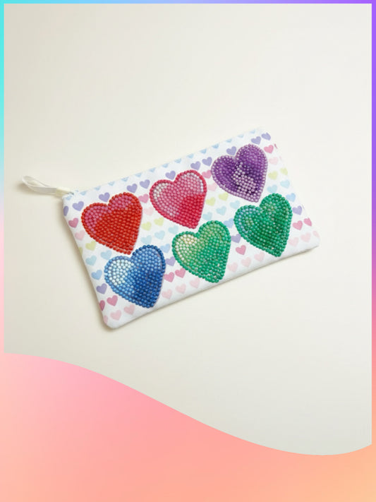 Diamond Art Heart Zippered Pouch – Rainbow Hearts Sparkle Accessory Bag