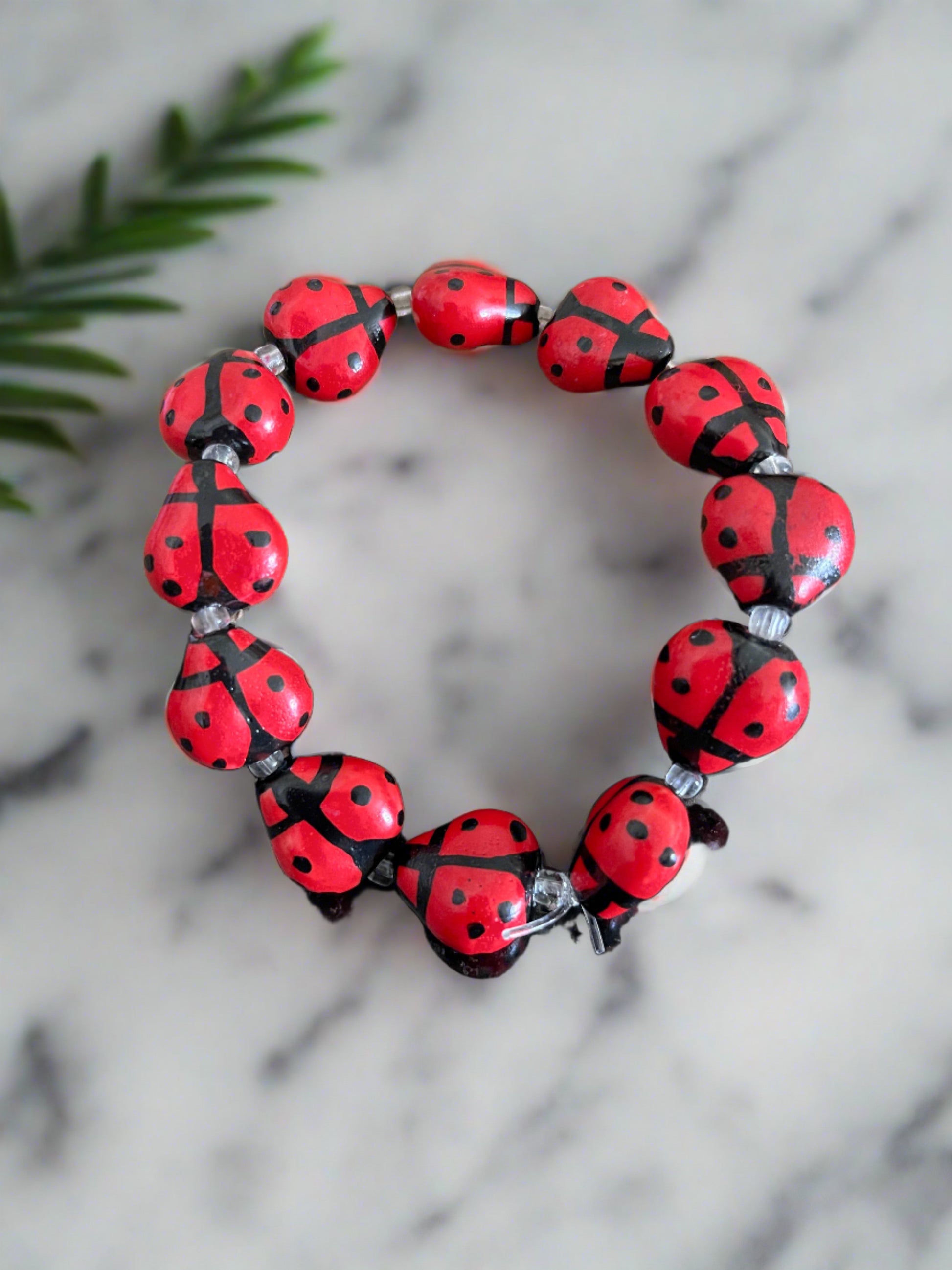 Red Ceramic Ladybug beaded Stretch braceletPink tiful of LOVE