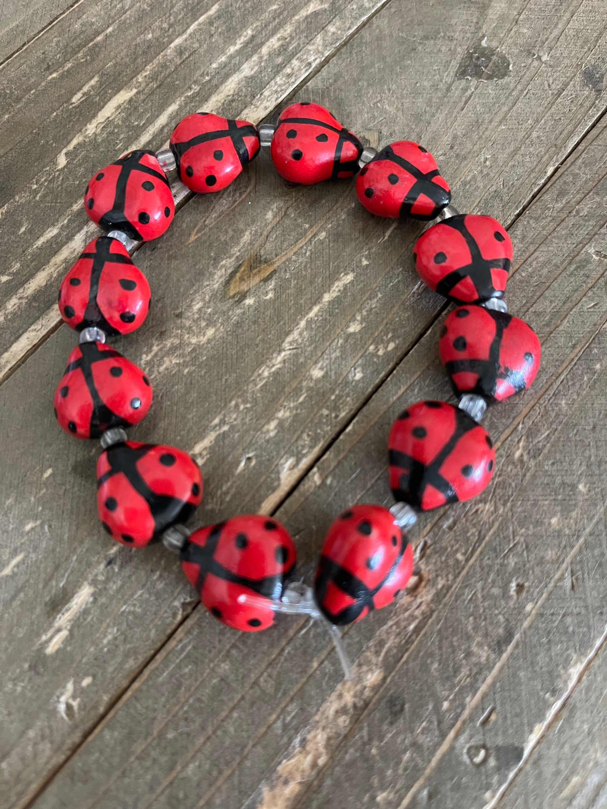 Red Ceramic Ladybug beaded Stretch braceletPink tiful of LOVE