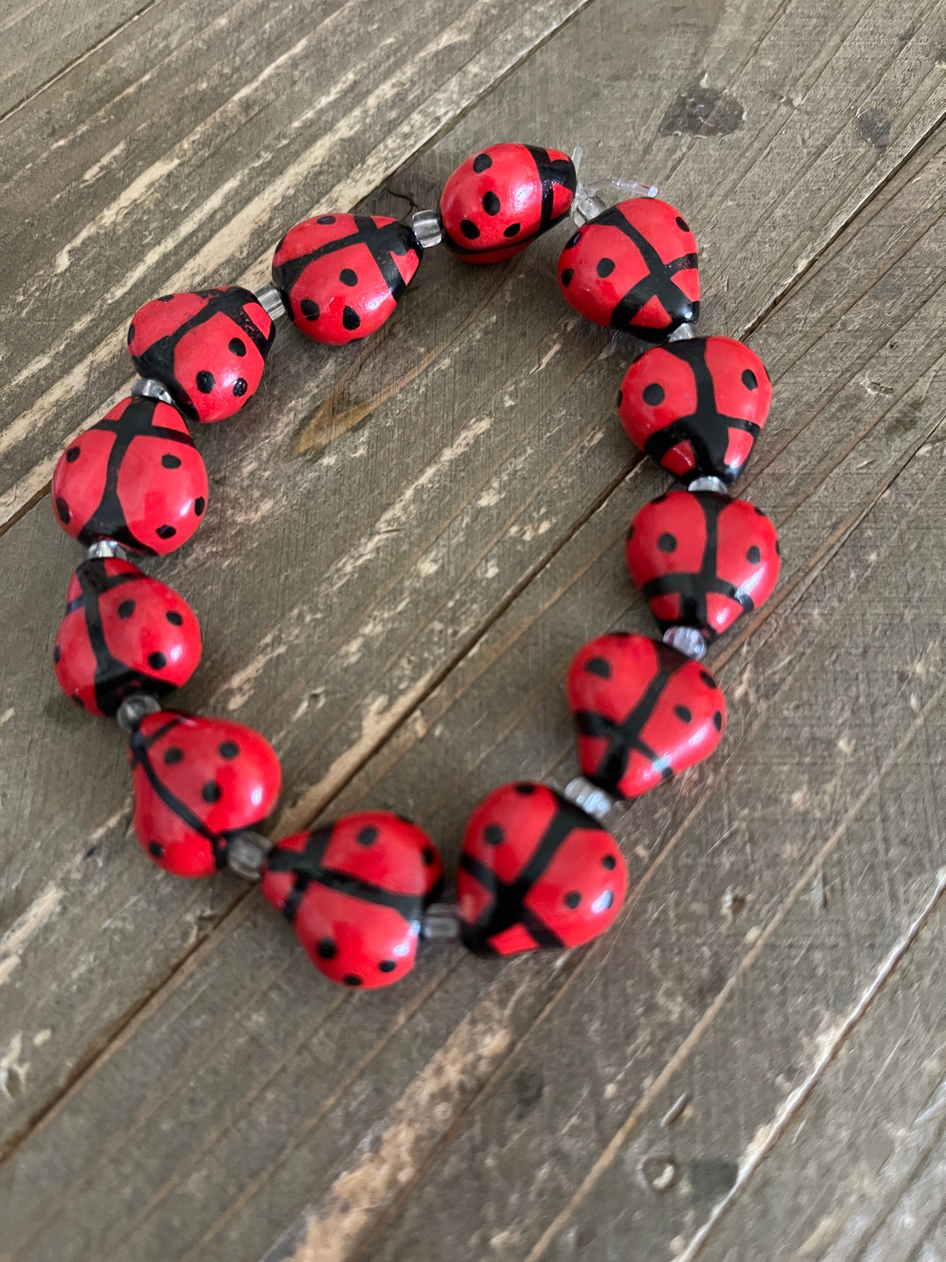 Red Ceramic Ladybug beaded Stretch braceletPink tiful of LOVE