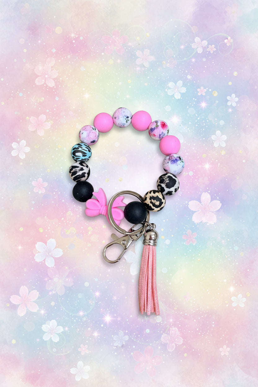 Pink and Animal Print Silicone Bead Bangle Keychain Wristlet