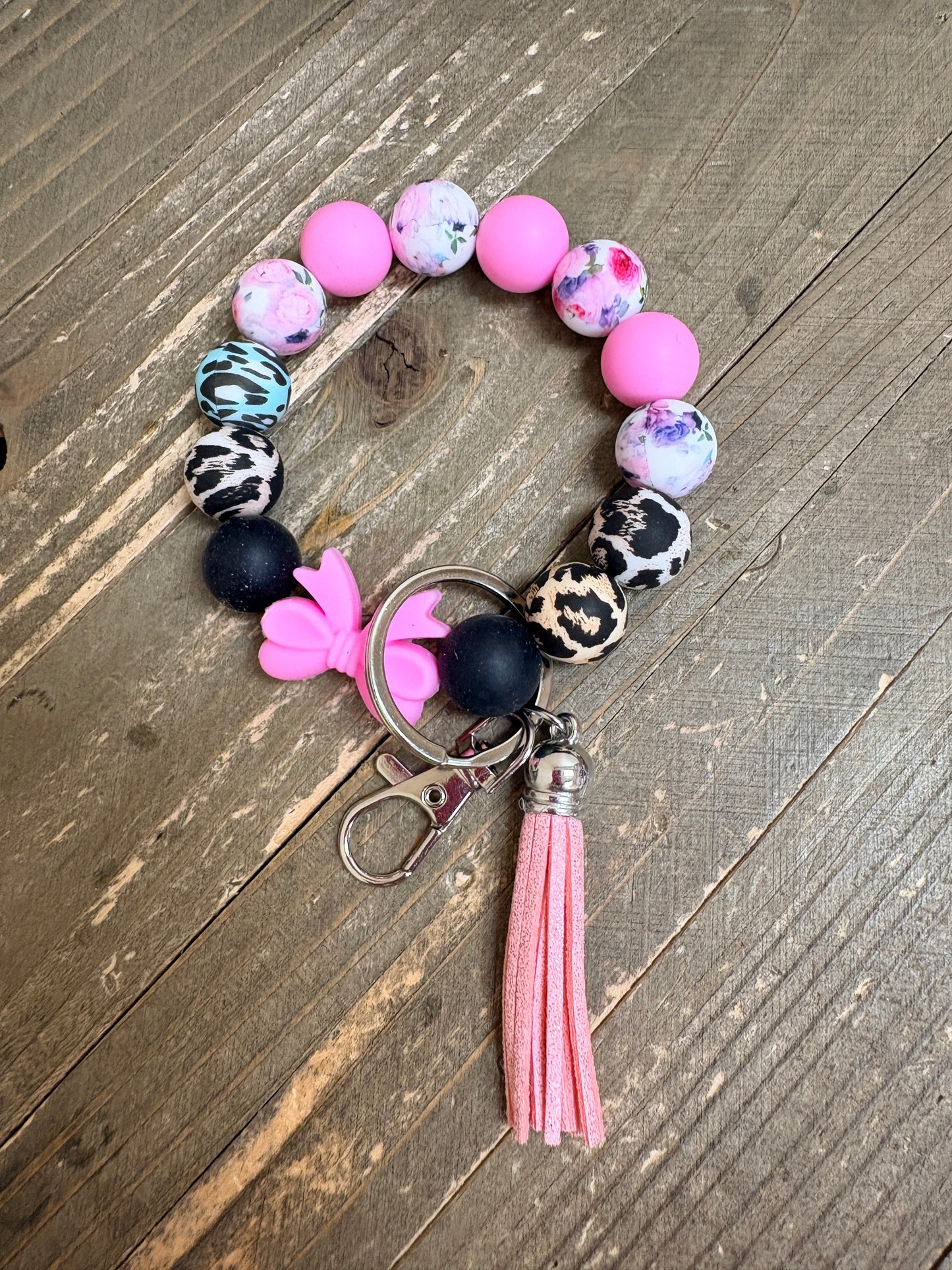 Pink and Animal Print Silicone Bead Bangle Keychain Wristlet