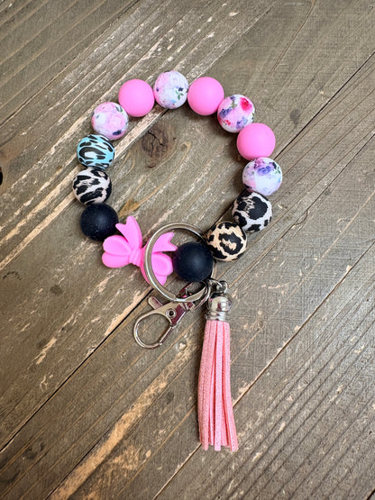 Pink and Animal Print Silicone Bead Bangle Keychain Wristlet