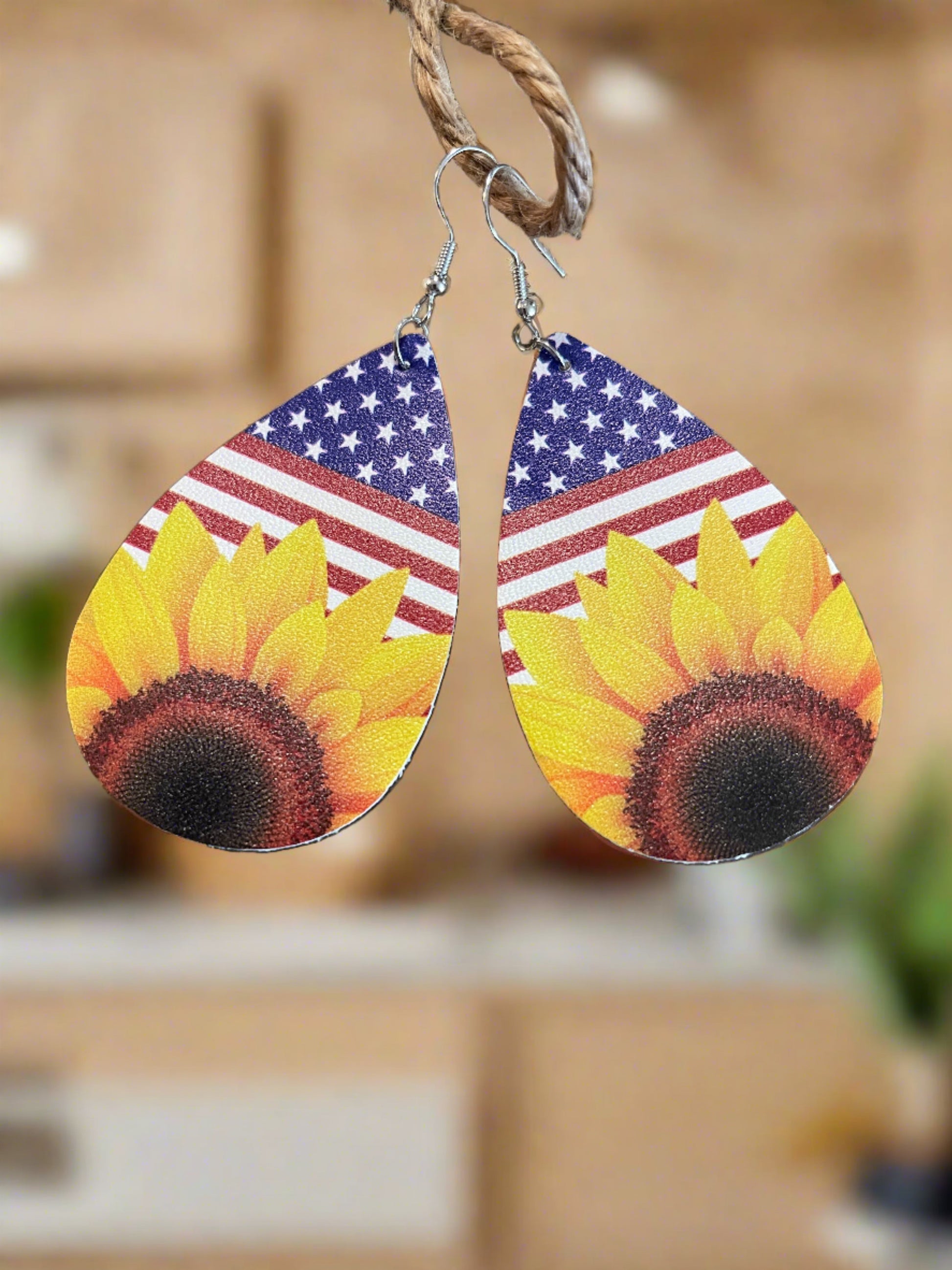 INDEPENDENCE DAY/SUNFLOWER Faux Leather Teardrop Wire EarringsPink tiful of LOVE