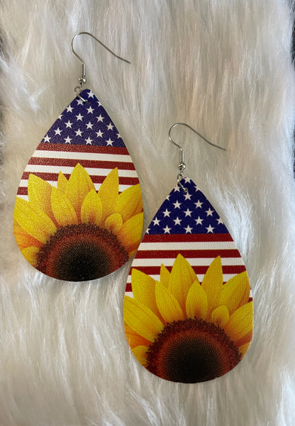 Independence Day/Sunflower Faux Leather Teardrop Wire EarringsPink tiful of LOVE