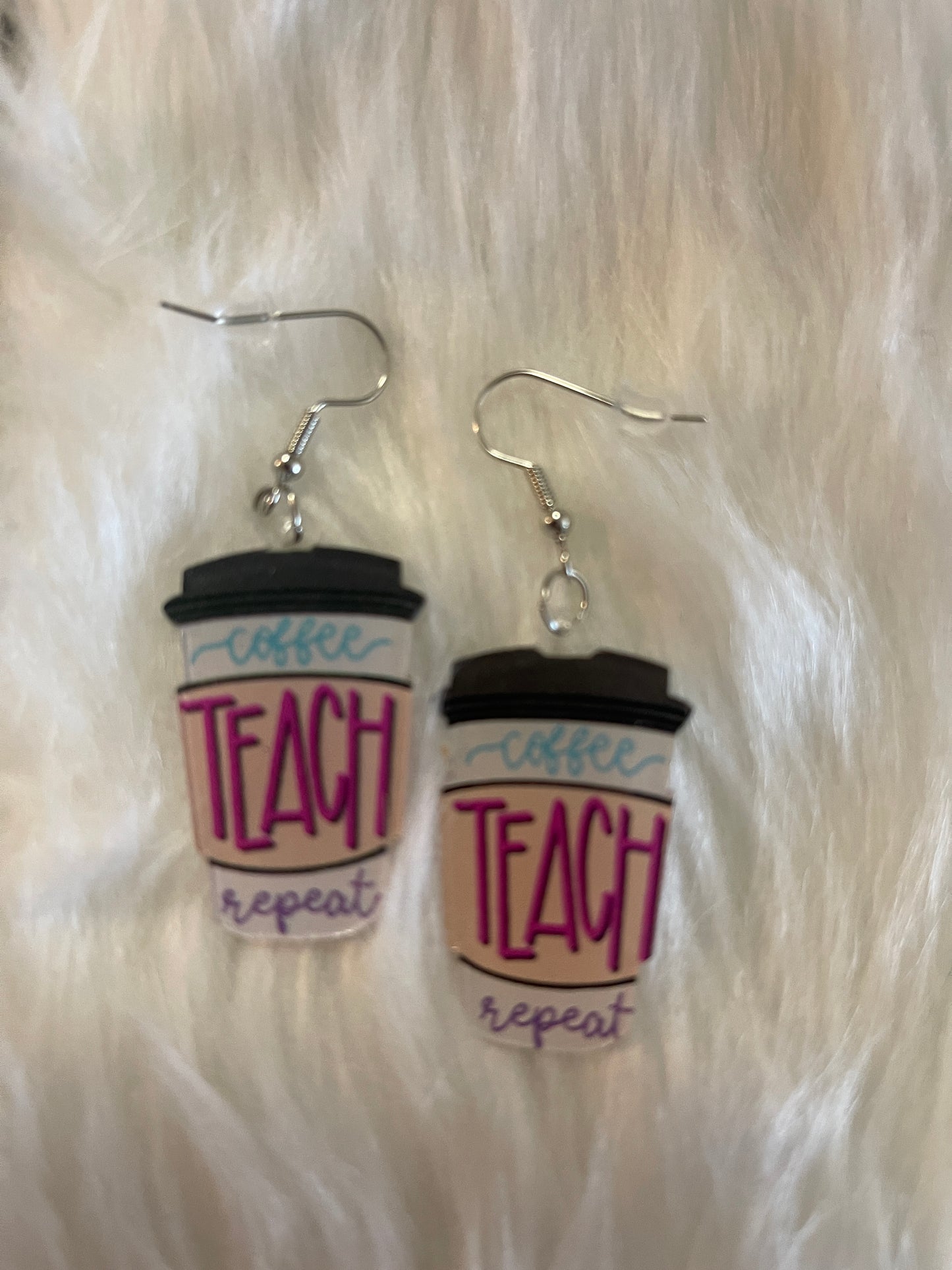 Teacher Wire Earrings; Acrylic; Coffee, Teach RepeatPink tiful of LOVE