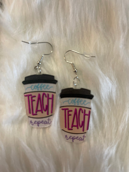 Teacher Wire Earrings; Acrylic; Coffee, Teach RepeatPink tiful of LOVE