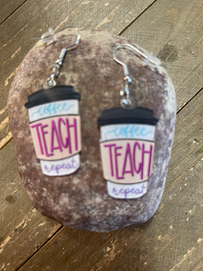 Teacher Wire Earrings; Acrylic; Coffee, Teach RepeatPink tiful of LOVE