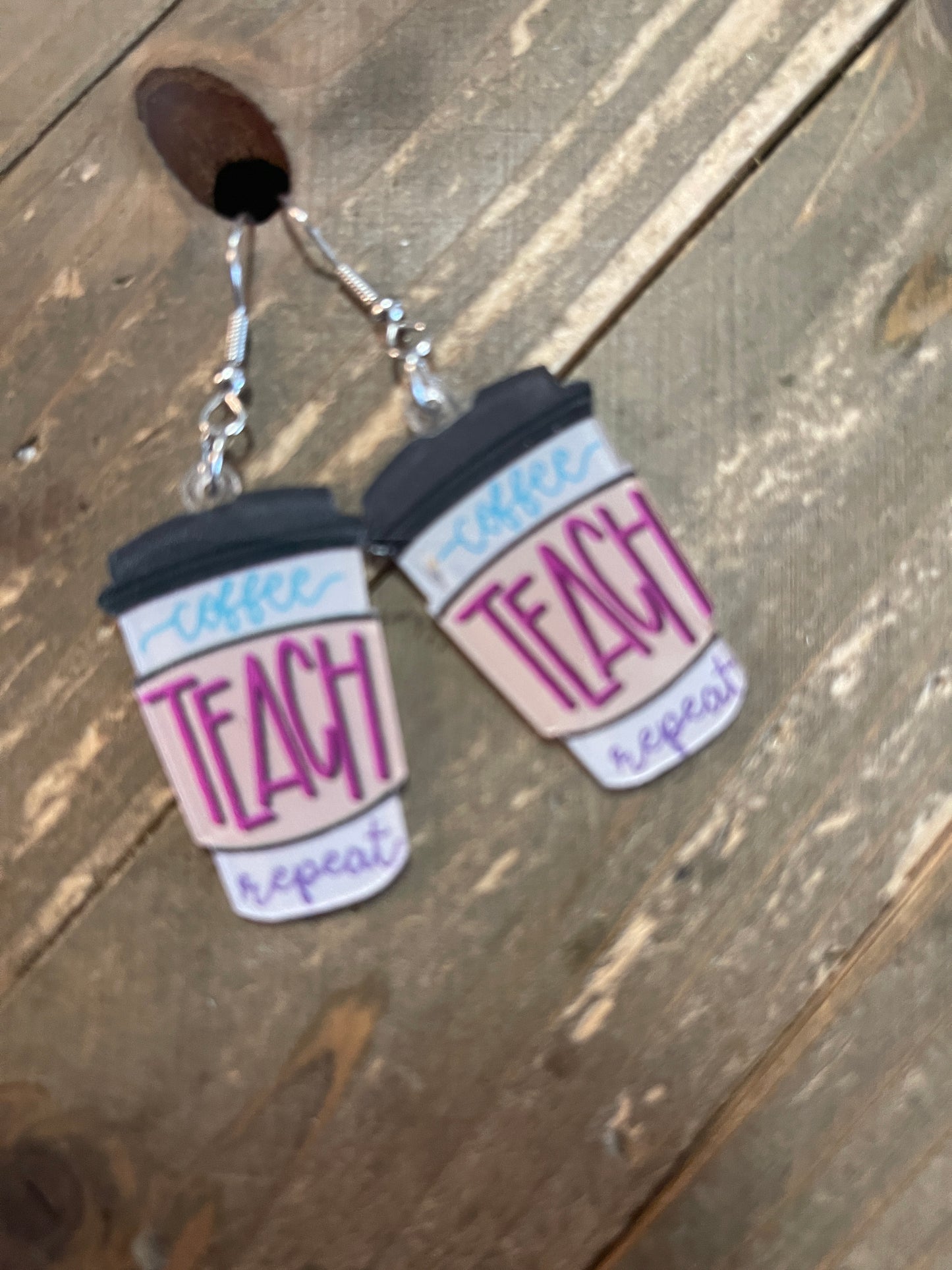 Teacher Wire Earrings; Acrylic; Coffee, Teach RepeatPink tiful of LOVE