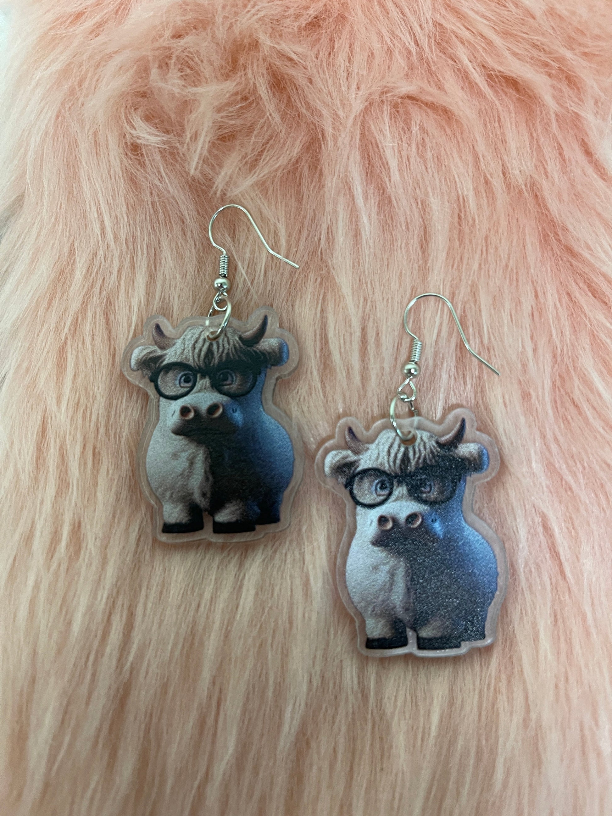 Grayish Highland Cow Wire Earrings; Acrylic; adorable &amp; whimsicalPink tiful of LOVE