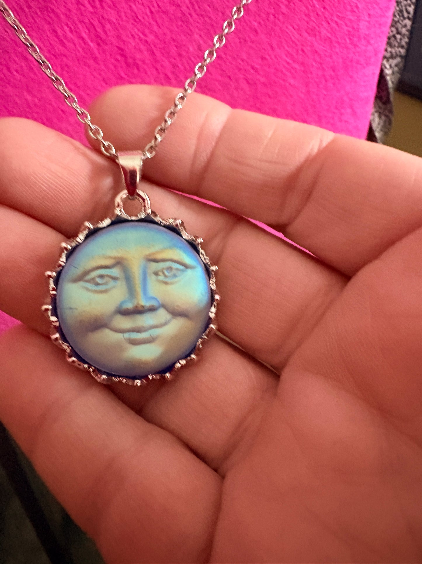 Iridescent Blue Moon Face Pendant Necklace