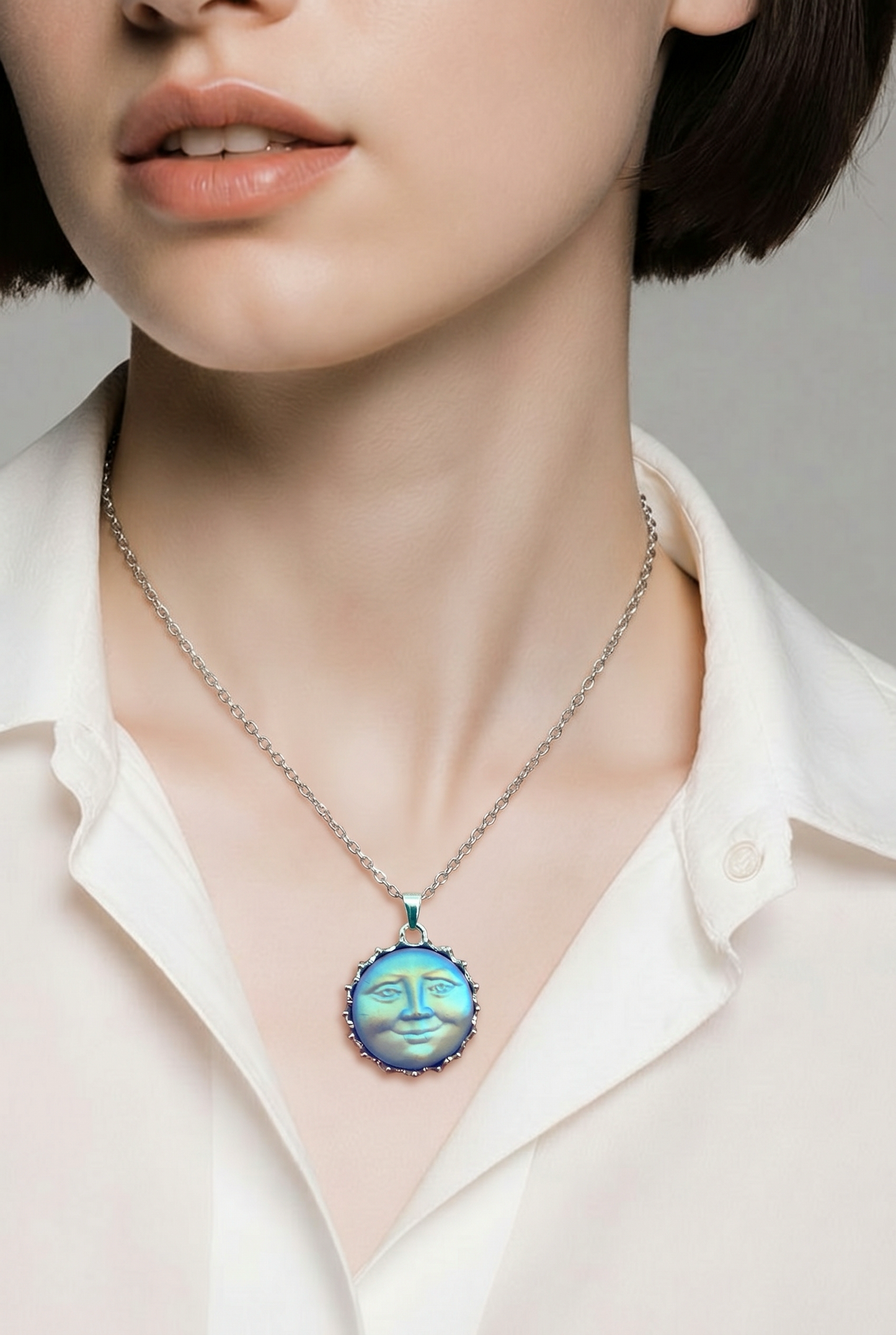 Iridescent Blue Moon Face Pendant Necklace