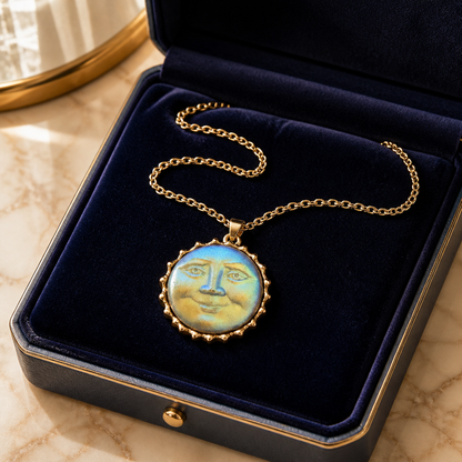 Iridescent Blue Moon Face Pendant Necklace
