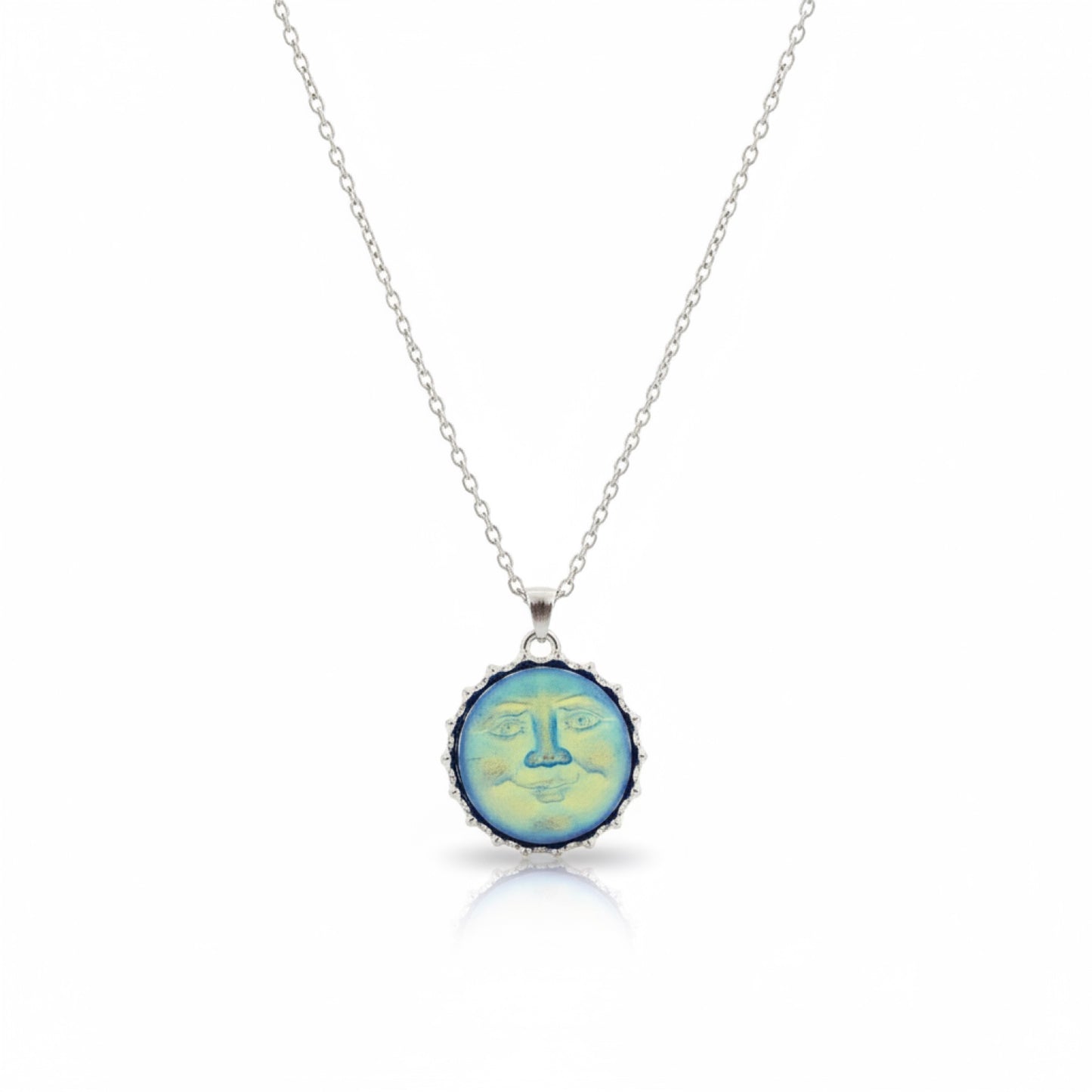 Iridescent Blue Moon Face Pendant Necklace